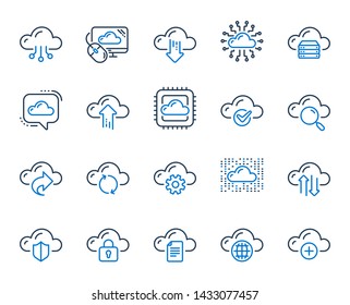 Cloud data and technology line icons. Set of Hosting, Computing data and File storage icons. Archive, Download, Share cloud files. Sync technology, Web server, Storage access. Colorful design set