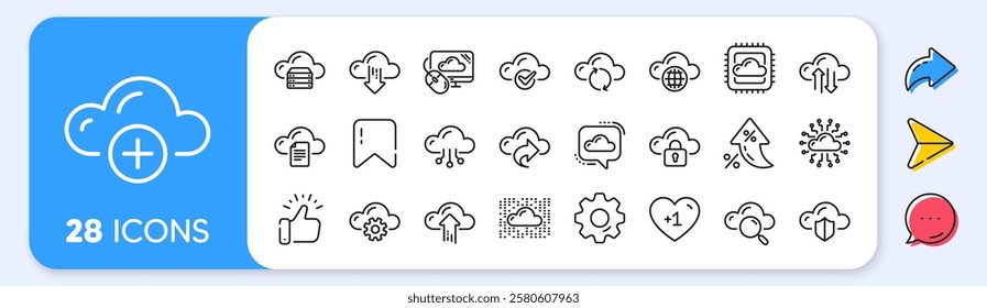 Cloud data and technology line icons. Interest rate, AI generate, Inflation icons. Set of Hosting, Computing data and File storage icons. Archive, Download, Share cloud files. Vector