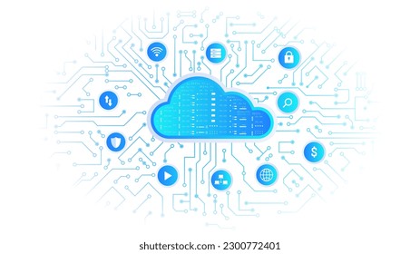 Cloud data technology white banner. Wireless connection and exchange of information on Internet. Electronic archive and storage. Synchronization of devices. Isometric vector illustration