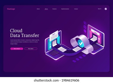 Cloud data transfer banner. Online technologies for exchange files and documents between computers, digital archive and database. Vector landing page with isometric laptops with folders and files