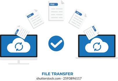 Cloud Data Transfer and Secure File Sharing Icon. Represents wireless synchronization, document exchange, and seamless file transfer for digital storage and backup.