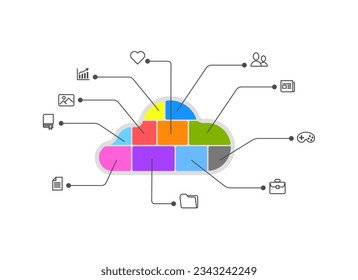 Cloud database computing infographics icons set, hosting server database network and cloud service icons infographics, clouds computing electronics connection, isolated vector illustration.