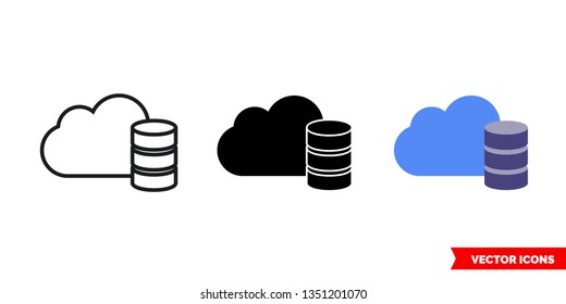 Cloud database icon of 3 types: color, black and white, outline. Isolated vector sign symbol.