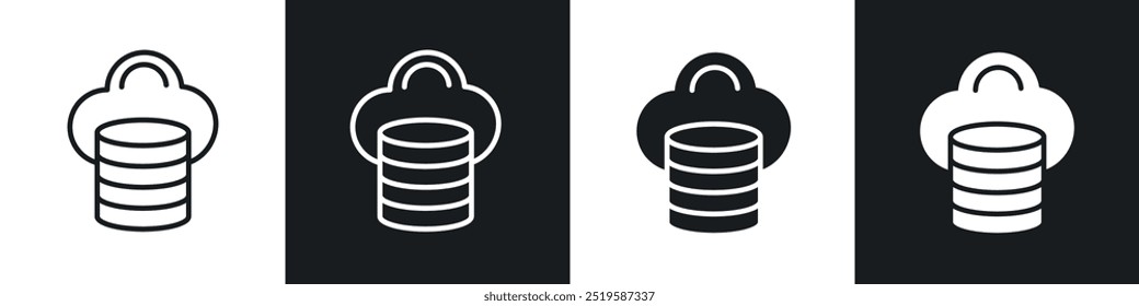 Cloud database icon collection in black and white filled and stroke line style.