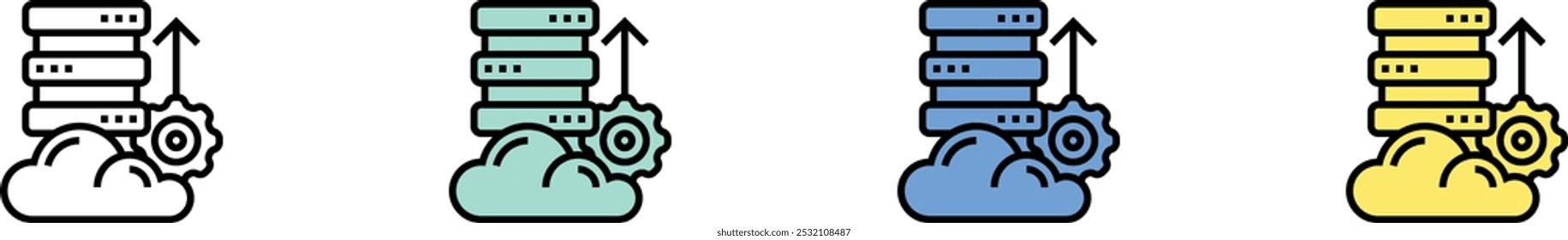 cloud database icon. Outline, Green, Blue and Yellow Style Design Isolated On White Background