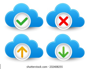 Cloud / database icon set with approved, verified; corrupted, up- and download symbols
