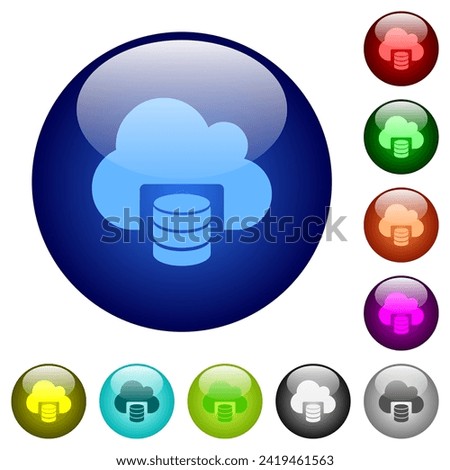 Cloud database icons on round glass buttons in multiple colors. Arranged layer structure