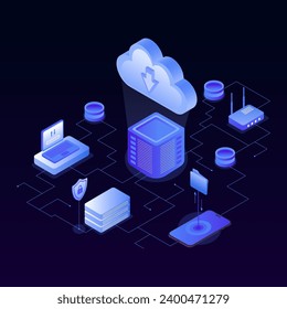 Cloud database illustration. Cloud storage, cloud computing, cloud server