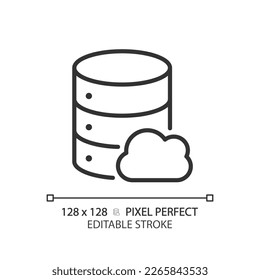 Cloud database pixel perfect linear icon. Computing technology of dataset processing. Online server facility. Thin line illustration. Contour symbol. Vector outline drawing. Editable stroke