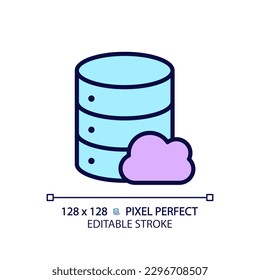 Cloud database pixel perfect RGB color icon. Computing technology of dataset processing. Online server facility. Isolated vector illustration. Simple filled line drawing. Editable stroke