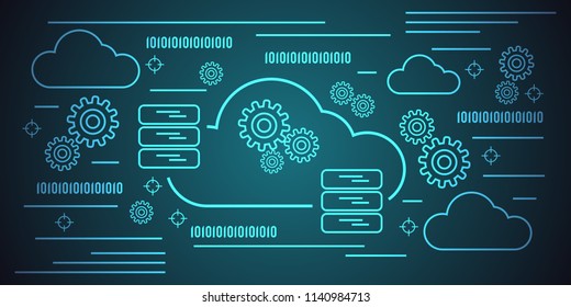 Cloud database, remote server thin line art style vector concept illustration