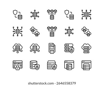 Cloud database security vector icon set with blockchain, server protection, cloud computing, data center, cyber defense, web hosting, storage, firewall, IT network, secure access