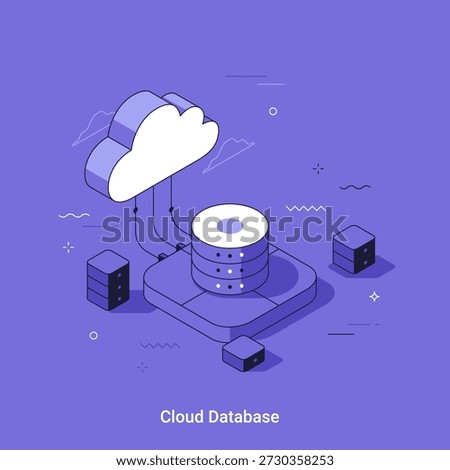Cloud database system with server and network connection. Data storage technology concept in isometric vector illustration in thin line style for web design.