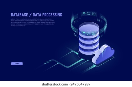 Bases de datos en la nube y procesamiento de flujo de Big Data, iconos vectoriales isométricos para alojamiento de Web y salas de servidores en ultravioleta