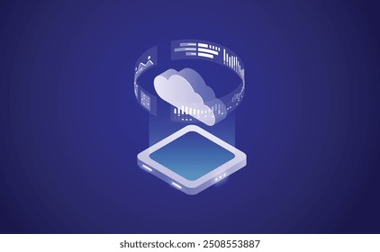 Cloud-Datenbanken, Big Data Flow Processing, Data Transfer Protection und Datacenter Connection Network, Isometrische Daten und Serverräume, Vektorgrafik.