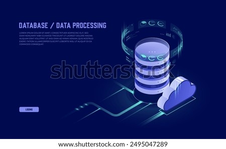 Cloud Databases and Big Data Flow Processing, Isometric Vector Icons for Web Hosting and Server Rooms in Ultraviolet