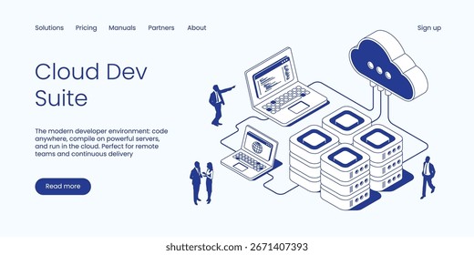 Cloud Dev Suite, Modern Developer Environment with Code Anywhere, Powerful Server Compilation and Cloud Execution for Remote Teams. Technology Isometric 3d Line Vector Illustration.
