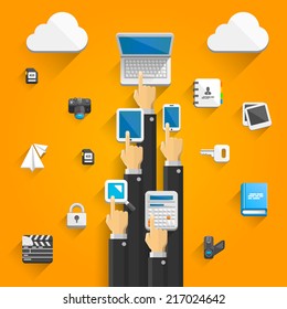 Cloud devices flat icons with hands. Vector illustration