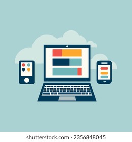 cloud devices like a laptop pc with mobile app and smartphone vector illustration design in flat style