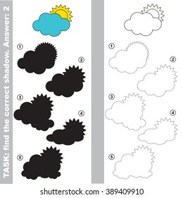 Cloud with different shadows to find the correct one. Compare and connect object with it true shadow. Visual game for children.