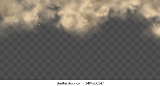 Cloud of dirty smog, brown smoke, heavy thick dust with motes, sand, soil particles isolated 3d realistic vector texture, background. Air pollution, dust allergy, house cleaning concept design element