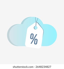 Conceito de desconto em nuvem com etiqueta de venda e símbolo de porcentagem, oferta de preço em nuvem para produtos SaaS ou assinaturas de armazenamento. Ícone mínimo moderno em tons azuis, ilustração vetorial
