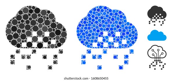 Cloud dissipation mosaic of small circles in various sizes and color tints, based on cloud dissipation icon. Vector small circles are composed into blue collage.
