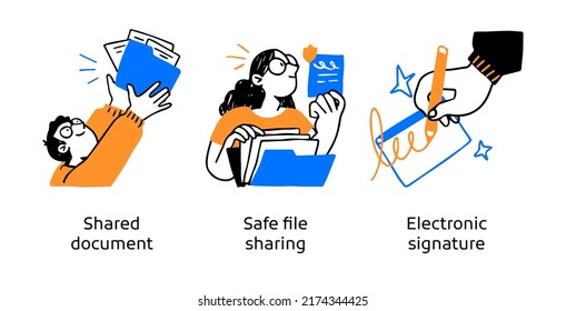 Cloud document access and sharing service - conjunto de ilustraciones de concepto. Documento compartido, Seguridad, Firma electrónica. colección de historias visuales