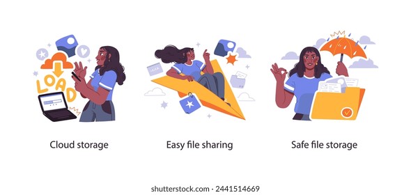 Servicio de acceso y uso compartido de documentos en la nube: conjunto de ilustraciones conceptuales. Colección de historias visuales