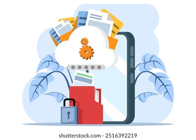 Cloud document security concept, Data stored on secure cloud servers, Cloud storage with password protection, Data security, background vector illustration.
