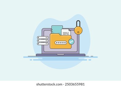 Cloud document security, Document secured in cloud server, Confidential information with password protection, Server security - vector illustration background with icons