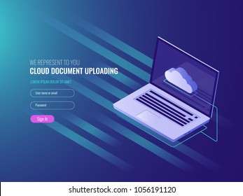 Cloud document uploading concept, clous server file copy and storage, clone work files, open laptop IT isometric 3d vector