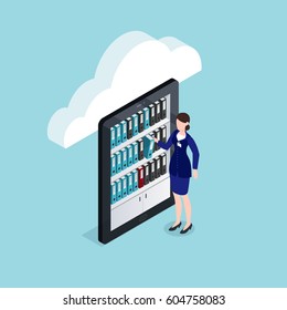 Cloud documents storage isometric design with woman near shelves with folders on mobile device screen vector illustration