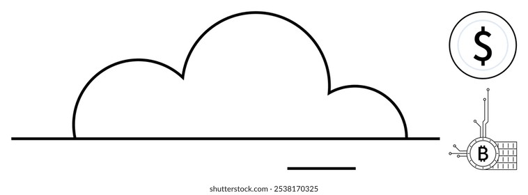 Cloud with dollar and Bitcoin icons indicates technology, finance, and digital currency. Ideal for cloud computing, cryptocurrency, fintech, digital economy, modern finance. Simple, sleek