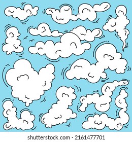cloud doodle freehand drawing vector set on blue background