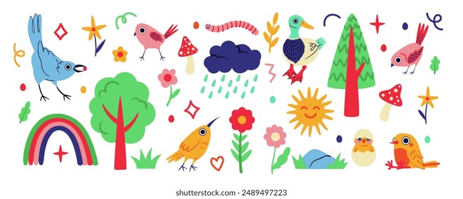 Cloud doodle. Naive pattern. Childish bird. Abstract flower. Summer nature. Rainy sky with sun rainbow. Spring tree leaves. Cute earthworm. Cartoon animal. Kids elements set. Vector art background