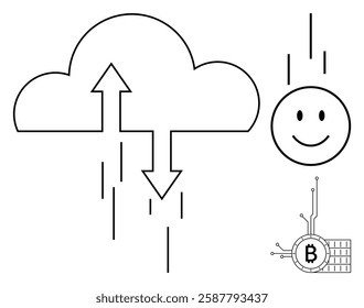 Cloud with up and down arrows, smiling face, and Bitcoin symbol with circuitry on white background. Ideal for technology, cryptocurrency, data transfer, cloud computing, and digital finance. Line art