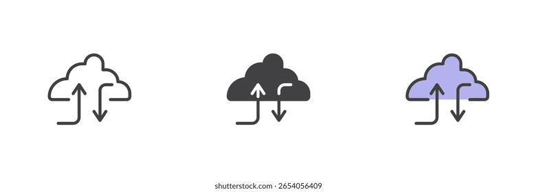 Nuvem com ícone de seta de download em diferentes estilos. Ícone de vetor de contorno de linha, sólido e preenchido. Armazenamento de dados, símbolo de transferência de arquivo. Ícone de nuvem vetorial.