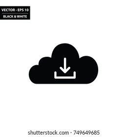 Cloud and download black and white flat icon. Vector Illustration.