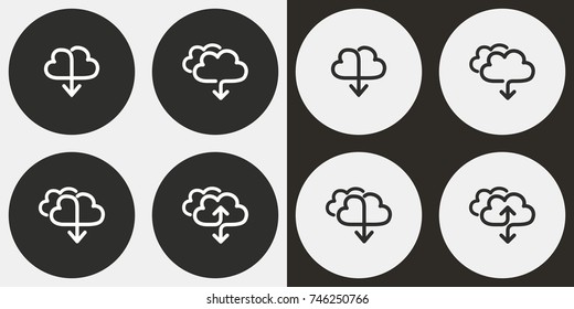 Cloud download - black and white vector icons. Round buttons for graphic and web design.