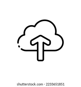 Cloud with download button line icon. Cloud storage, exchange, neural network, data store, database, remote access, cloud service, artificial intelligence. Vector line icon on white background