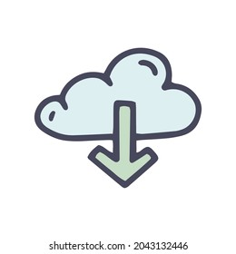 icono de descarga en nube de color vectorial doodle simple