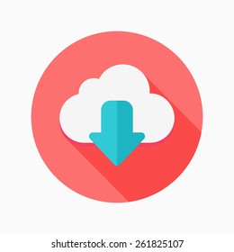 Cloud download flat icon with long shadow on blue circle background , vector illustration , eps10