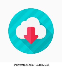 Cloud download flat icon with long shadow on blue circle background , vector illustration , eps10