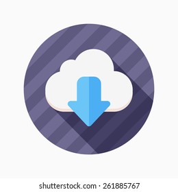 Cloud download flat icon with long shadow on blue circle background , vector illustration , eps10