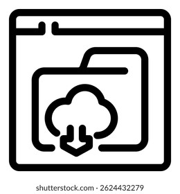 Descarga en la nube, carpeta con archivos que se descargan del almacenamiento en la nube a la computadora a través del navegador de Web, ícono simple de Vector en blanco y negro