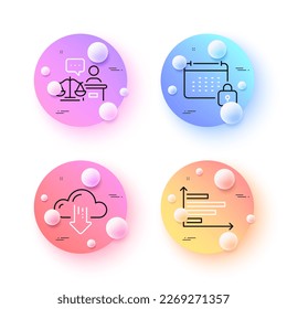 Cloud download, Horizontal chart and Court judge minimal line icons. 3d spheres or balls buttons. Calendar icons. For web, application, printing. File storage, Presentation graph, Judgement. Vector