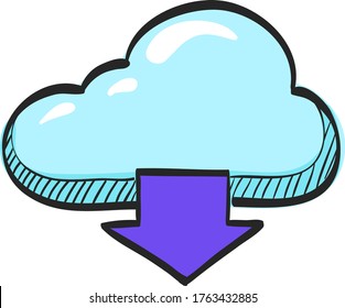 Cloud download icon in color drawing.