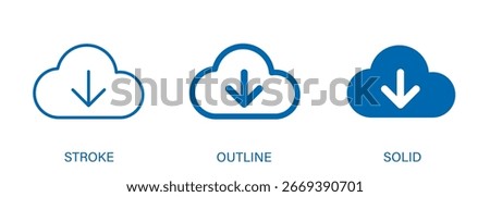 Cloud download icon with editable stroke, outline and solid styles. Vector icon for online storage, cloud computing and technology.