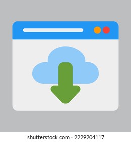 Icono de descarga en nube en estilo plano sobre el navegador, usar para presentación de aplicaciones móviles del sitio web